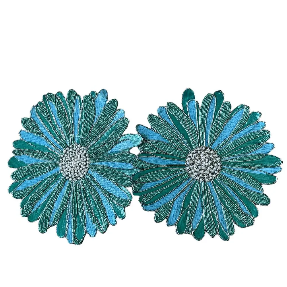 TAHARI HOME Glass Hand Beaded Charger Placemat 15in Blue Green Silver Floral NEW